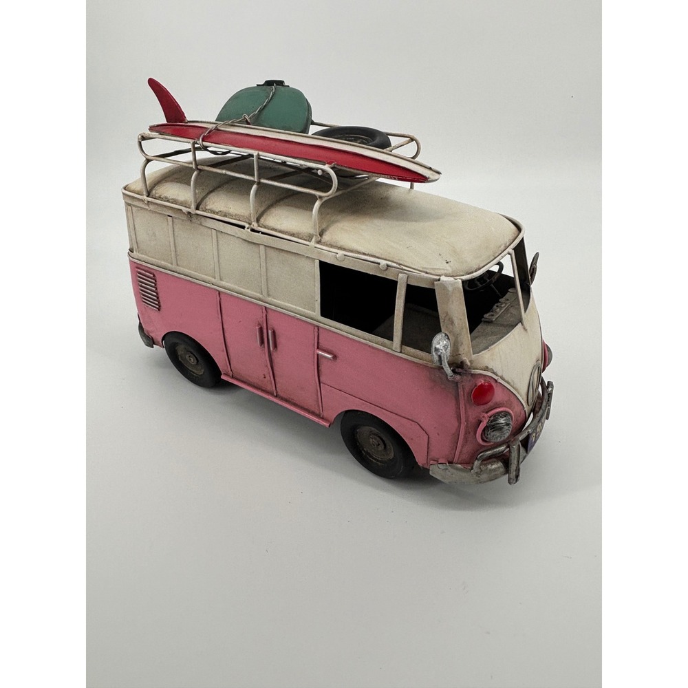 Vintage Metal VW Bus Model Pink Surfboard Suitcase Roof Rack Retro Decor 1937